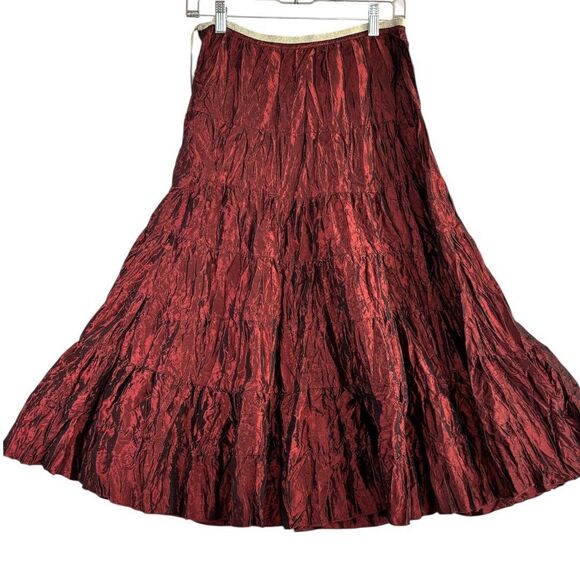 Shiny Midi Skirt Burgundy Crinkle Satin Taffeta Prairie Tiered Whimsy - Picture 5 of 10